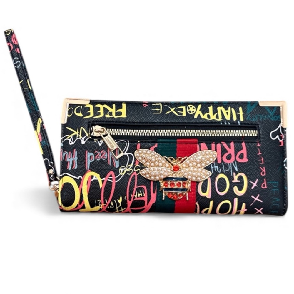 Alba Queen Bee Red Green Stripe Black Vegan Graffiti Print Wallet